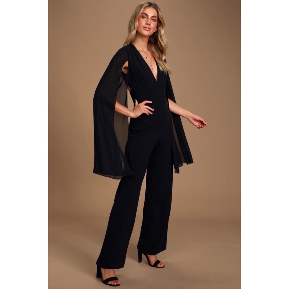Lulu’s “Weekender” Black Backless Cape Sleeve Sexy Deep Vneck Formal Jumpsuit - Picture 2 of 11